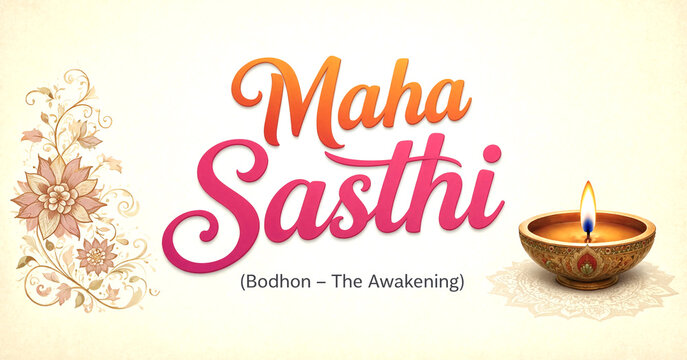 Maha Sasthi Bodhon Awakening Festival Religious Illustration With Decorative Elements