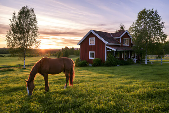 Ranch scene at dusk in Sweden, near Stockholm. Brown horse grazing in a nearby Swedish-style farmhouse field