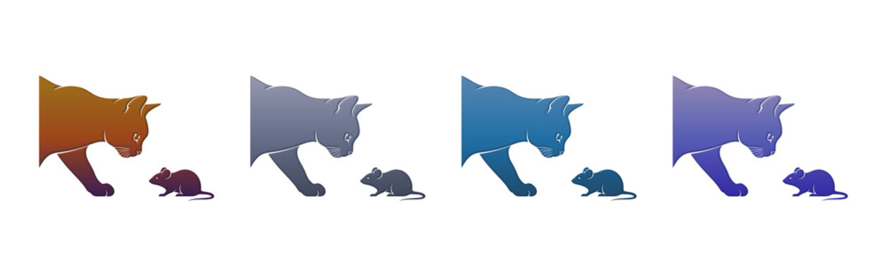 Cat and mouse silhouette set with colorful gradient