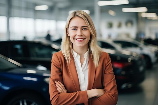 Young blonde woman smiling, crossing arms, standing confidently in a modern car dealership showroom, representing success, auto sales, and professional service in the automotive industry