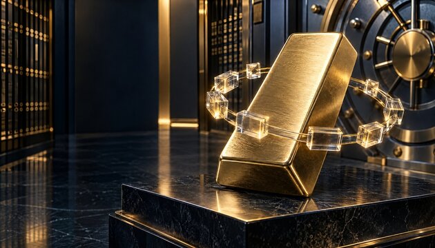 Gold Bar in Secure Bank Vault Surrounded by Digital Blockchain Ring Concept 