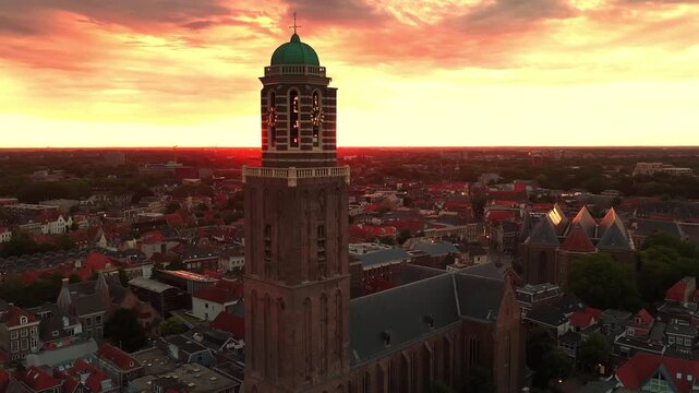 Zwolle downtown district aerial view during a summer sunrise in Overijssel Netherlands.