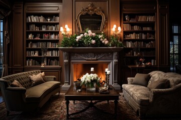 Fototapeta premium Ornate library living room with a grand lit fireplace, dark wood built in bookshelves, two classic sofas, coffee table with flowers and candles, warm luxurious comfort