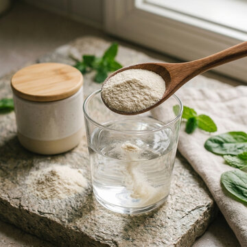 Collagen powder dissolving in water healthy lifestyle wellness dietary supplement natural ingredients skin care beauty