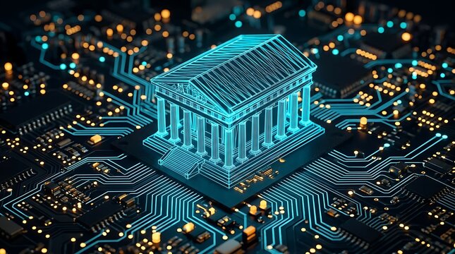 Digital neoclassical bank building on circuit board, symbolizing financial technology and fintech innovation