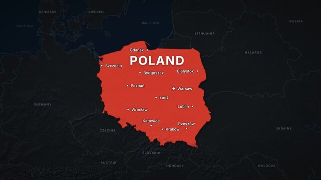 Poland dark map zoom with red highlight and city labels
