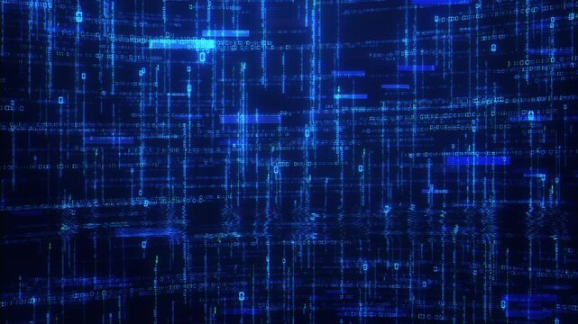 Blue digits form dense digital grid glowing horizontal bars band. pattern provides tech backdrop for information systems, computer processing, data networks, software stories, and cyber-themed video.