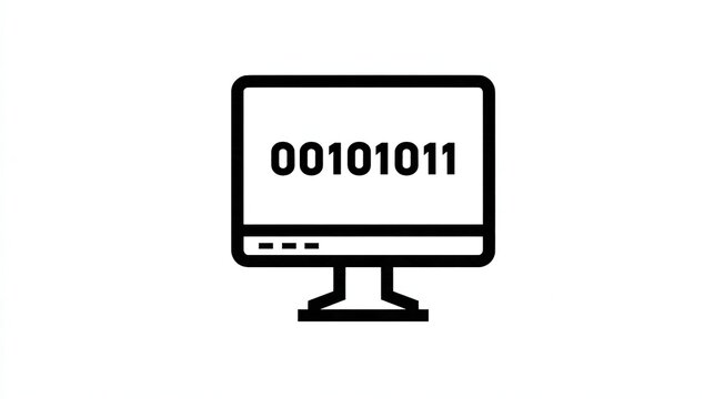 Simple flat icon of desktop computer screen with binary numbers. Single black outline monitor on white background. Repeated binary string "01010101" on two display lines, thick monitor border, lower b