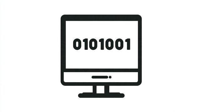 Simple flat icon of desktop computer screen with binary numbers. Single black outline monitor on white background. Repeated binary string "01010101" on two display lines, thick monitor border, lower b