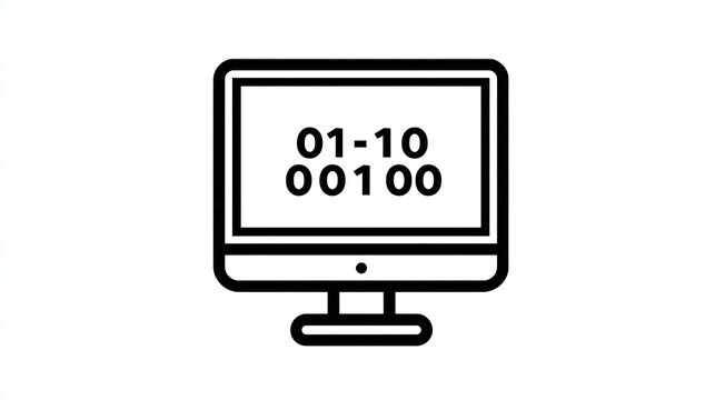 Simple flat icon of desktop computer screen with binary numbers. Single black outline monitor on white background. Repeated binary string "01010101" on two display lines, thick monitor border, lower b