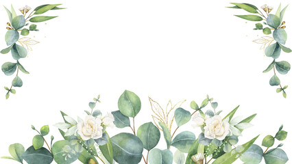 Elegant Watercolor Floral Border with Eucalyptus Leaves and Transparent PNG Flowers © Mr. Tawhid