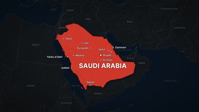 Saudi Arabia dark map zoom with red highlight and city labels