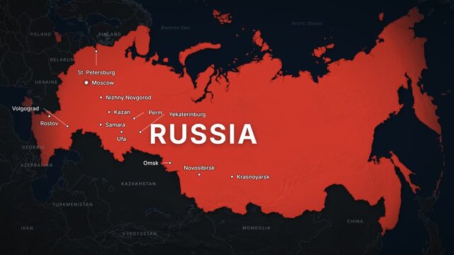 Russia dark map zoom with red highlight and city labels