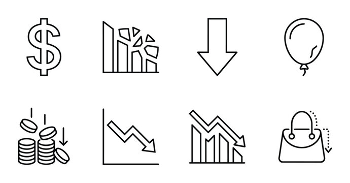 Financial loss icons set with dollar, falling coins, charts and bag, business analytics