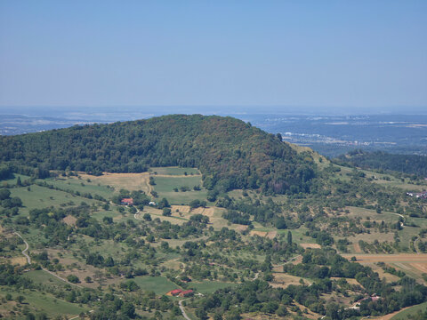 germany, breathtaking aerial panorama across swabian alb nature landscape featuring jusi and jusenberg beneath expansive summer skies