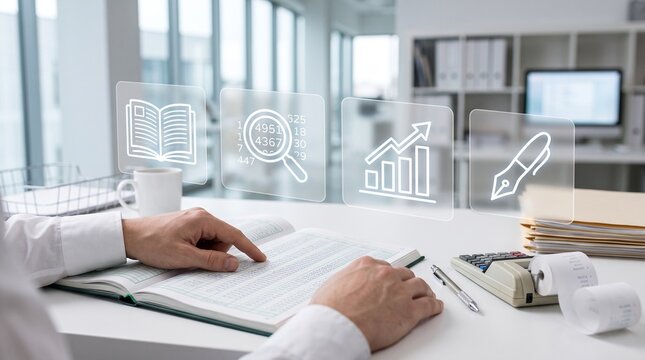 Accountant reviewing ledger with glowing business icons, magnifying glass data analysis, book, growth chart and pen overlay, financial auditing concept.
