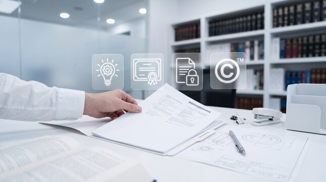 Businessman holding legal documents with intellectual property hologram icons, lightbulb idea, certificate, secured document and copyright symbol concept.