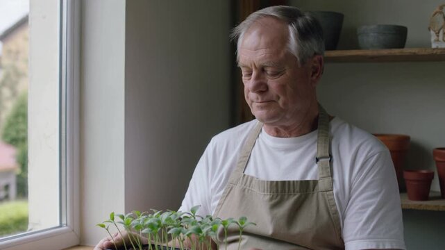 Older man wearing a white apron indoors
