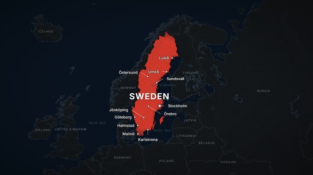 Sweden dark map zoom with red highlight and city labels