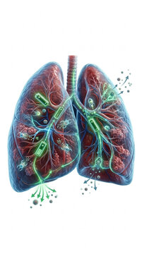 3D illustration of human lungs showing oxygen exchange and particulate matter intake medical concept