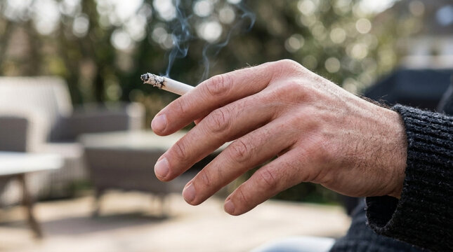 Close up of a mans hand holding a lit cigarette with smoke rising outdoors