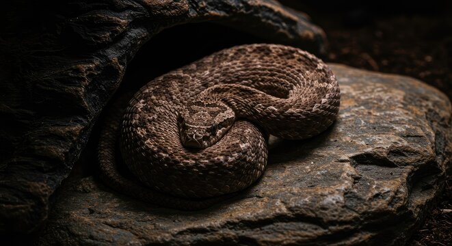 Coiled Rattlesnake on Rock, Dark and Detailed Scales