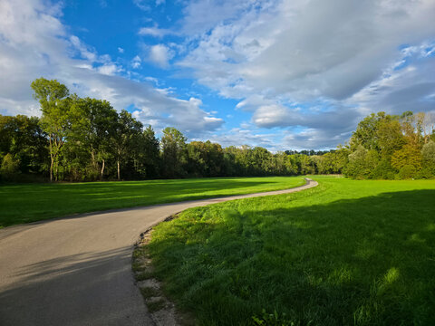 germany, beautiful twisting road beside lush green pastures and forest beneath blue sky during a radiant summer sunset