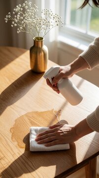 Woman cleans wooden table with spray bottle, white cloth. Person uses disinfectant liquid to wipe surface in bright sunny kitchen. Maintaining home hygiene, domestic cleanliness during daily