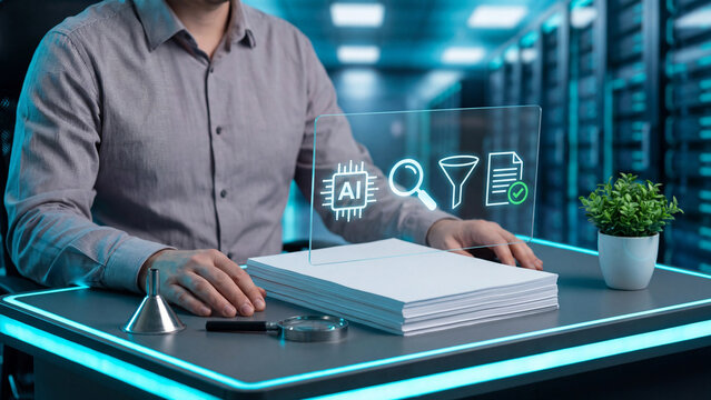 AI document processing and data filtering concept, man with paper stack, metal funnel and magnifier under AI hologram showing search, filter and approved file for paperwork automation
