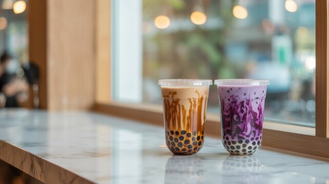 Two plastic cups of cold bubble tea with tapioca pearls on a cafe counter by a window