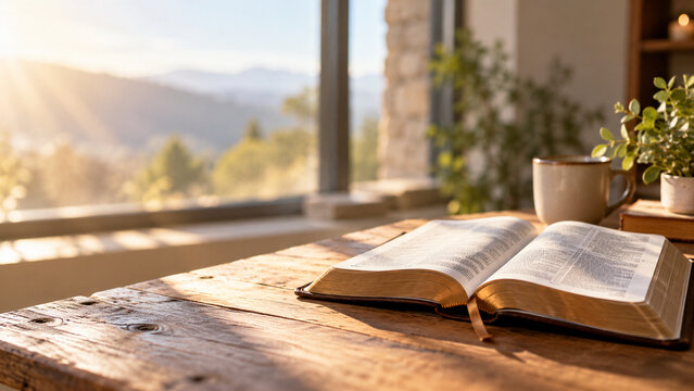 Open Bible and Coffee in Morning Light