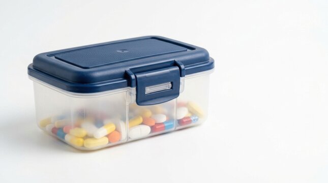 Secure blue and clear medicine storage container with assorted pills inside
