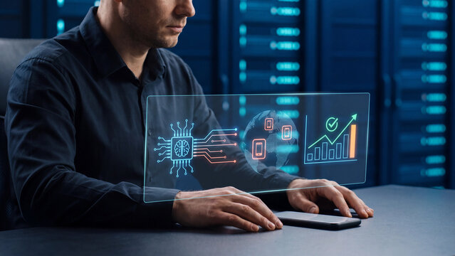 AI mobile technology and global network analytics concept, man with smartphone and AI chip hologram connecting world map, mobile device and rising chart for digital business performance