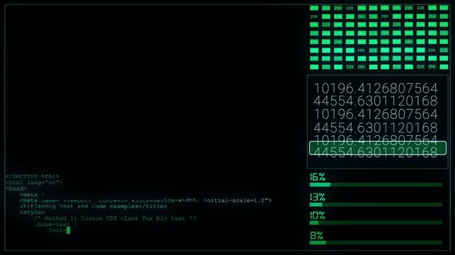 Dark display repeating green number tiles, highlighted decimal rows, progress indicators, code excerpt lower futuristic visual supports computing presentations, analytics software demos, tech titles.