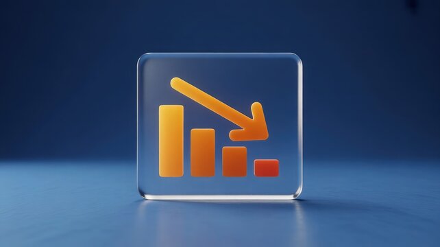 Decreasing bar chart icon made of frosted glass with an orange downward arrow stands against a dark blue background.