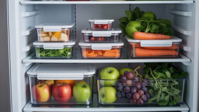 Fresh fruits and vegetables stored in plastic containers inside a home refrigerator