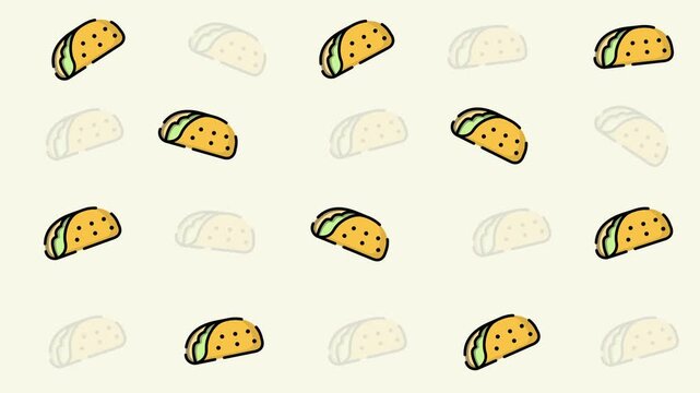 Many small yellow crunchy taco icons pattern design, perfect for menu backgrounds, food themed projects, or mexican cuisine branding.
