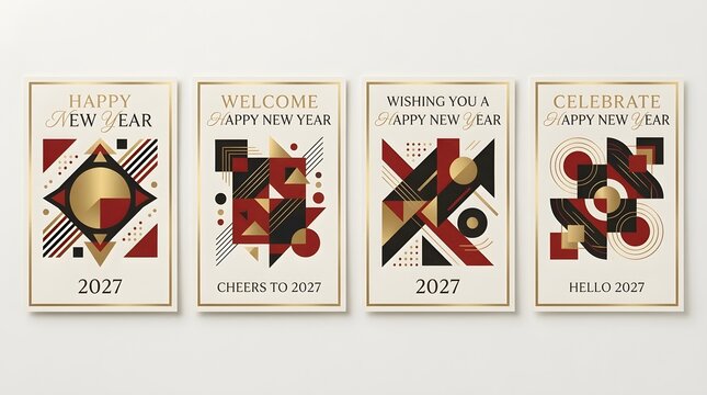 Modern Abstract Happy New Year 2027 Posters, Bauhaus Constructivist Geometric Greeting Cards