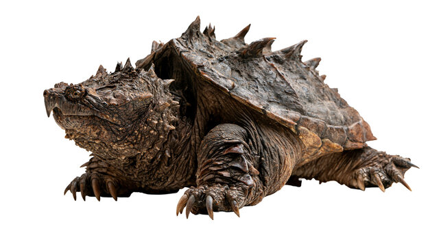 Alligator snapping turtle with spiky shell and textured skin