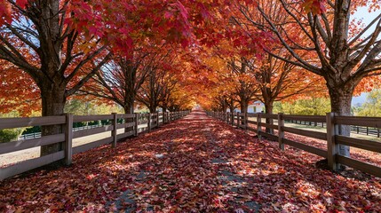 Fototapeta premium The Autumn Tree Lined Path With Golden Canopy and Fallen Leaves
