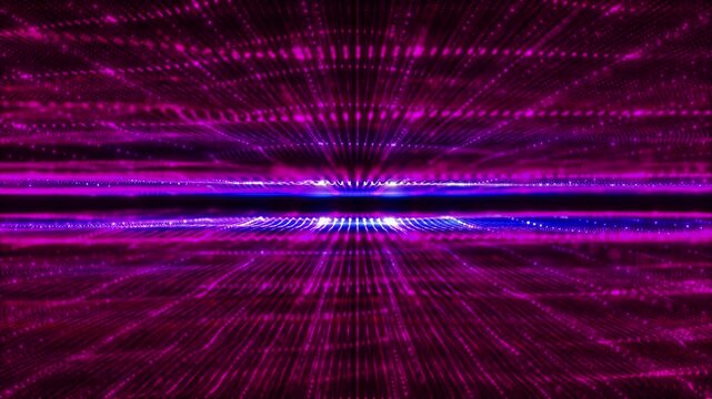 Rows of vivid pink and purple light points bend radiant blue horizon, forming field of flowing lines. vivid abstract music intro, live music event backdrop, technology opener, or immersive motion