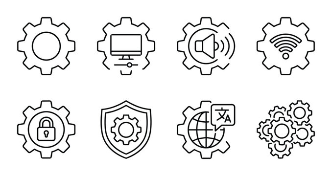 Technology icons set with gears, computer, sound, Wi-Fi, lock, shield, and translation for web