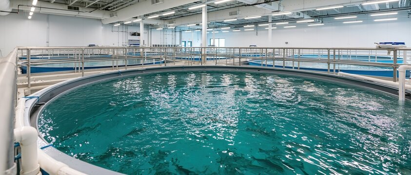 Large circular fish tank in indoor recirculating aquaculture facility