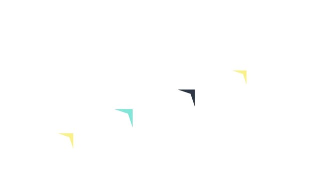 A minimal graphic design featuring a diagonal line of small colorful chevron arrows on clean white background copy space