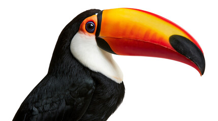 Toco toucan head portrait with large colorful orange yellow and black beak © Clementine