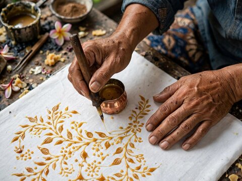 Elderly Artisan Hand Painting Batik Leaves Motif With Canting`