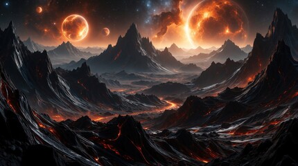 Fototapeta premium Alien planet landscape with dark volcanic mountains, glowing lava rivers. Massive burning planets, bright stars shine in cosmic sky. Surreal extraterrestrial scenery with fiery celestial bodies,