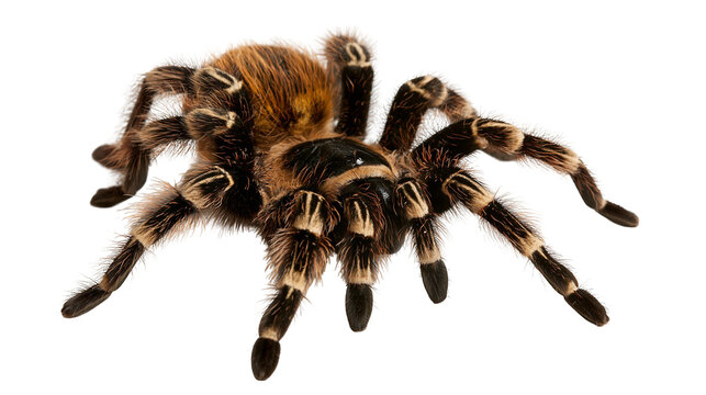 Mexican red knee tarantula with hairy brown and black striped legs