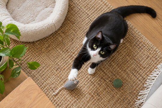 Black and white tuxedo domestic cat playing with a felt ball and a fabric mouse toy in a naturally lit home, overhead view