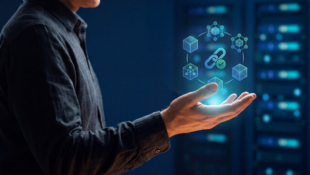 Decentralized ledger and chain link verification concept, man holding hologram with connected cube node network around verified chain link symbol in dark server room for web3 technology